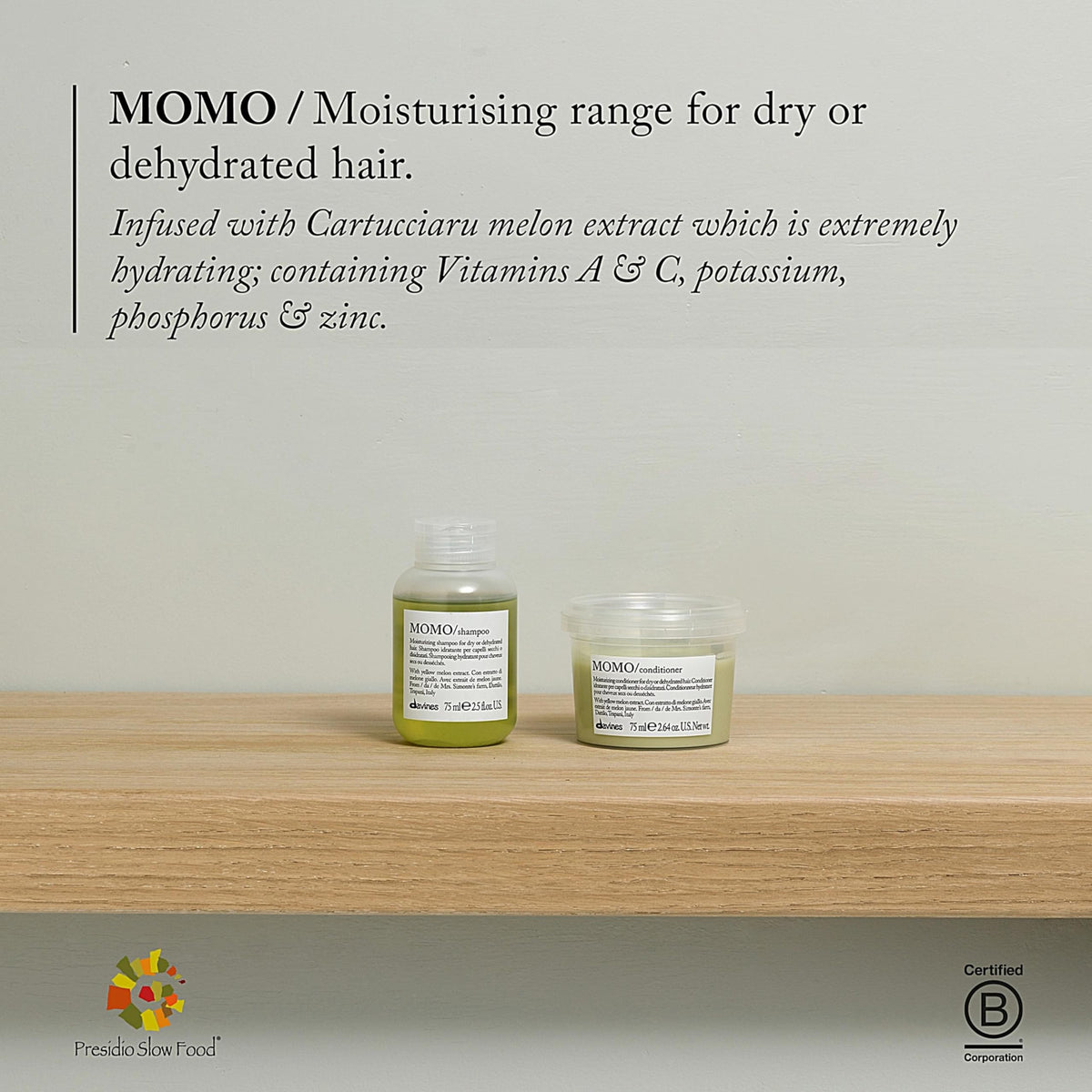 Davines MOMO in hand showing 2.54 oz scale for portability and travel use