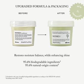 Hand holding Davines MOMO conditioner while applying to hair, eases detangling