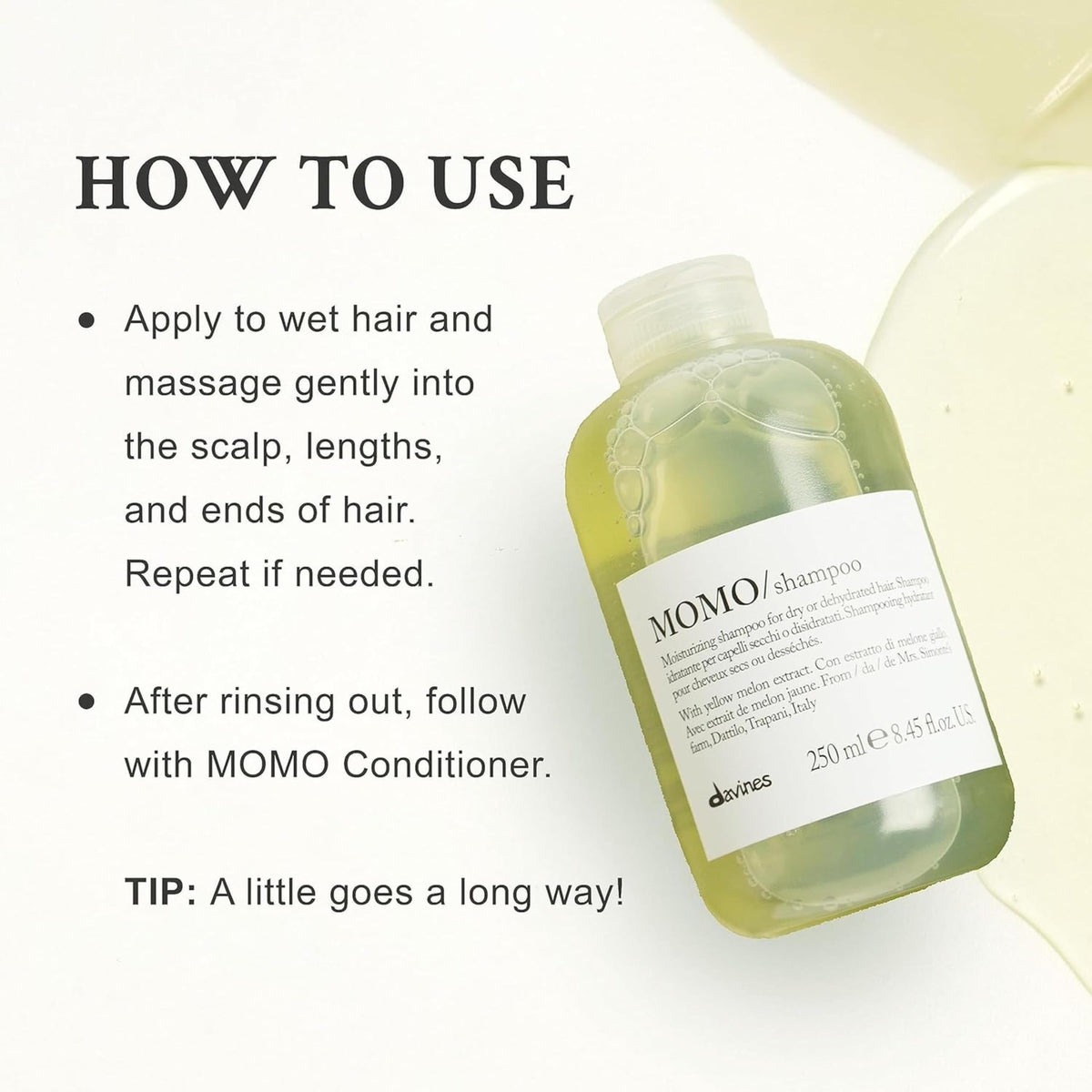 Davines MOMO pump and label detail highlighting ingredients