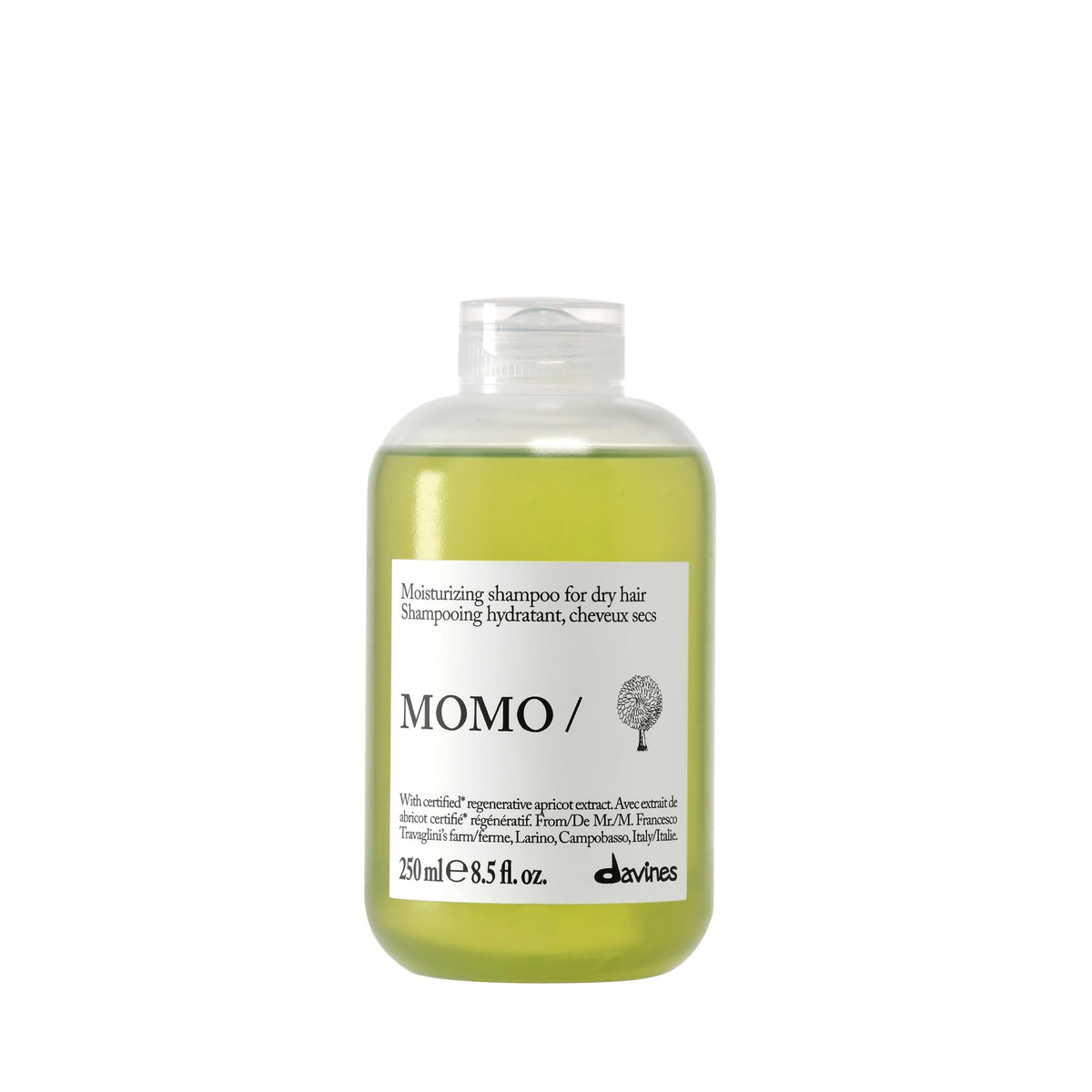 Davines MOMO shampoo front bottle showing clean design and hydration benefit