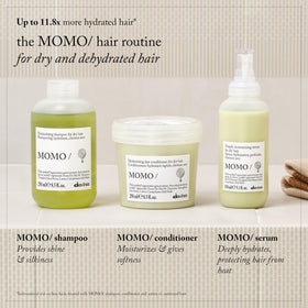 Davines MOMO bottle next to hand for scale showing 8.5 fl oz portable size benefit