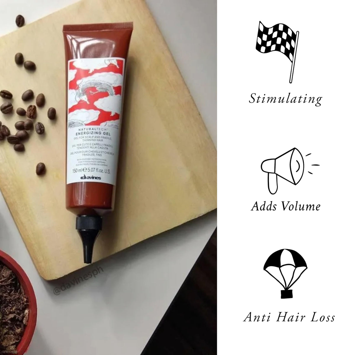 Davines energizing gel texture close-up showing lightweight absorbent gel