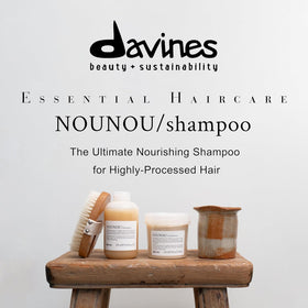 Davines NOUNOU shampoo back label close-up showing ingredients and gentle formula benefit