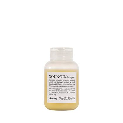 Davines NOUNOU shampoo front travel-size bottle showing compact hydration benefits