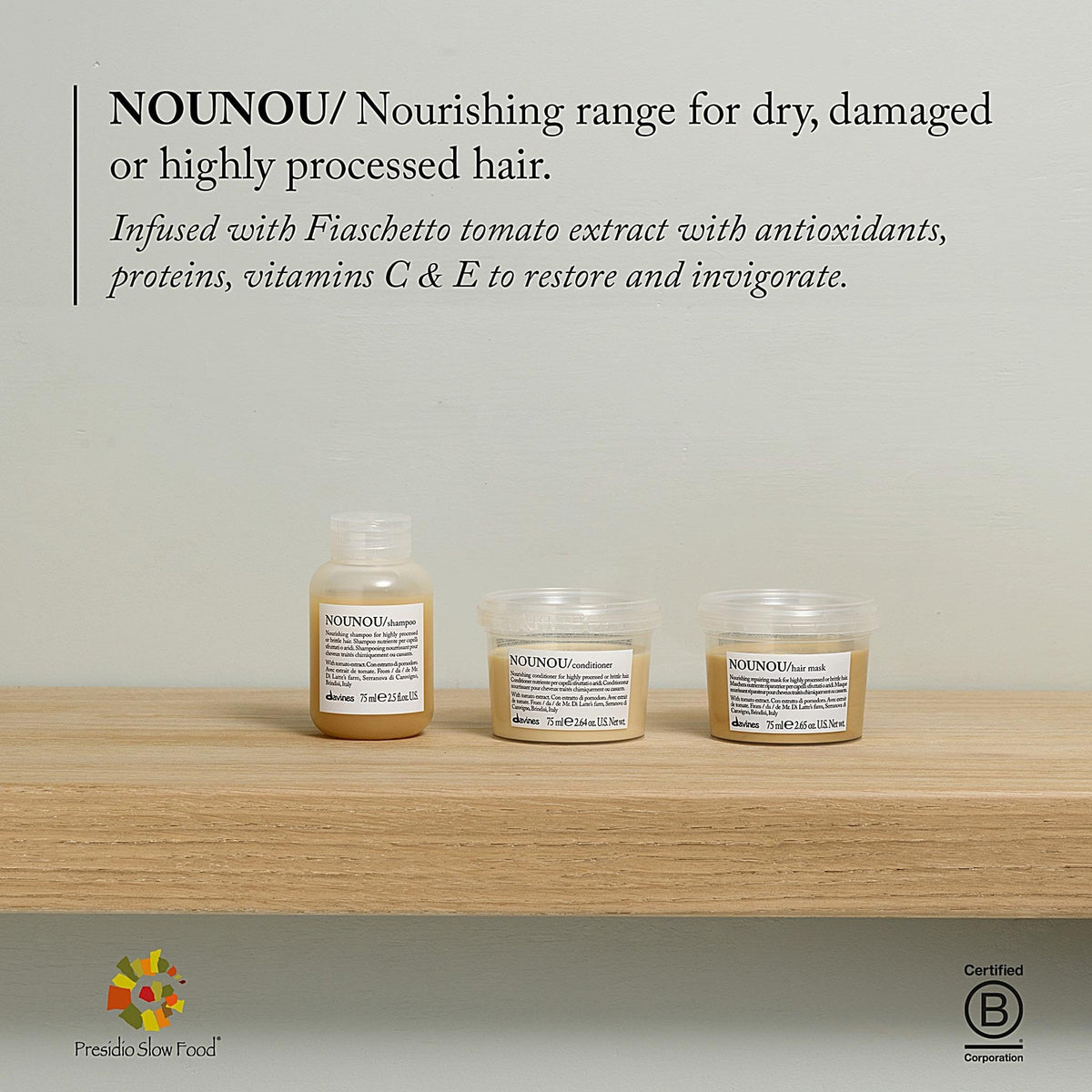 Davines NOUNOU shampoo held in hand to show travel-size and portability benefit