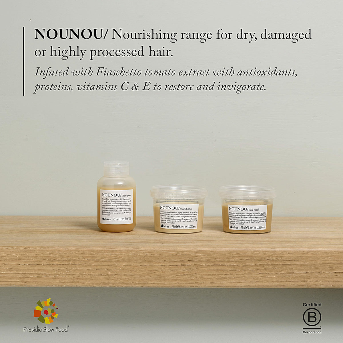 Davines NOUNOU travel size beside a passport illustrating portability benefit