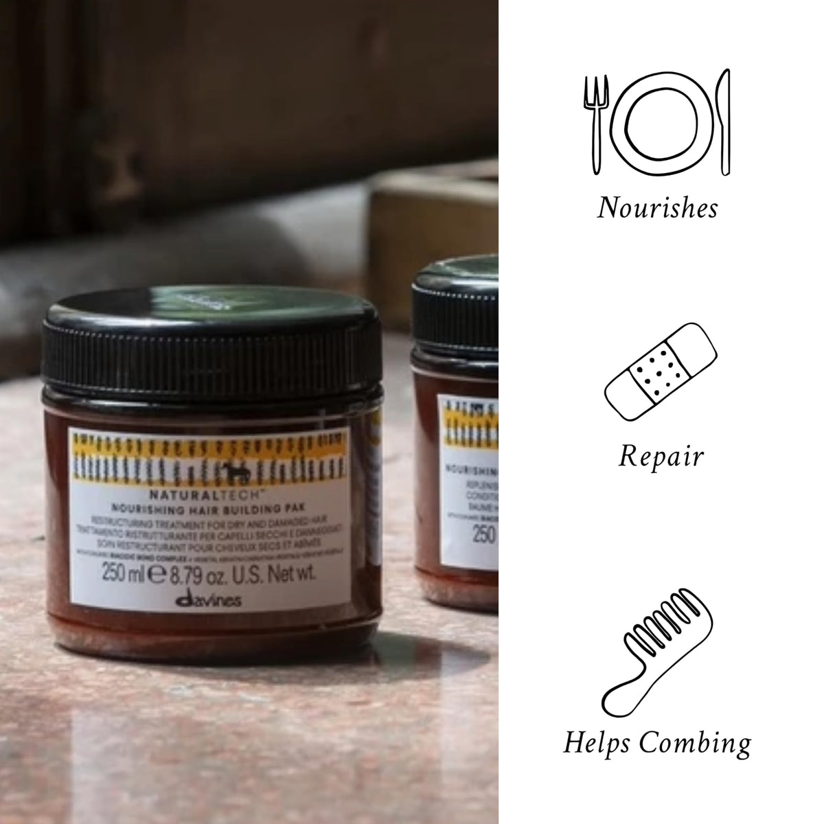 Davines mask being applied to damp hair to rebuild and hydrate strands