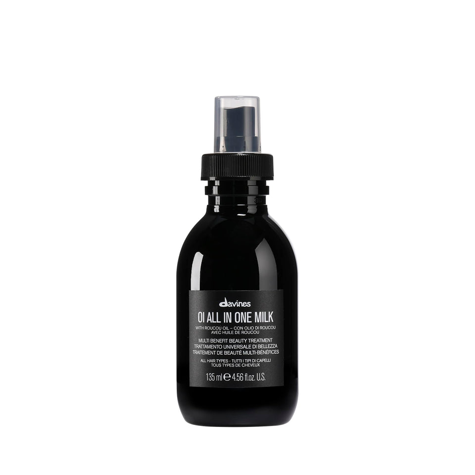 Davines front packaging showing OI All In One Milk, travel-friendly and elegant