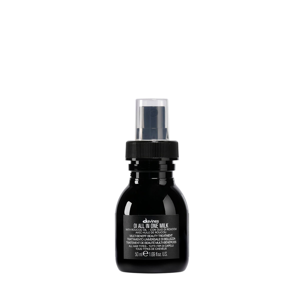 Davines OI front packaging shows compact leave-in spray and benefits