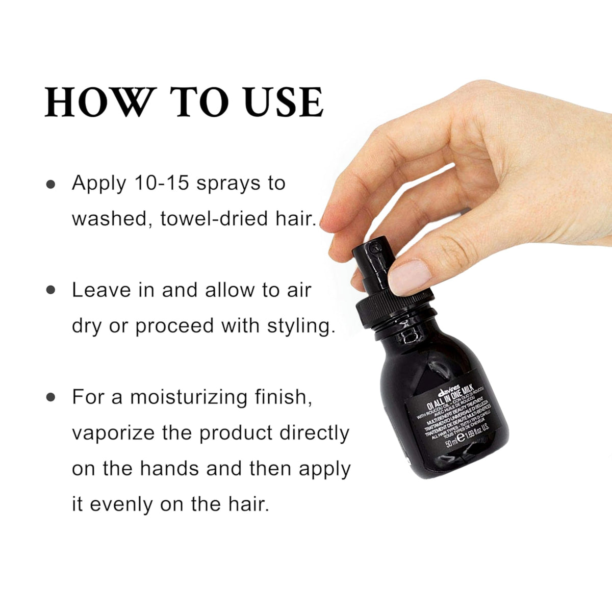 Davines OI bottle in hand illustrating travel-friendly 1.69 fl oz size