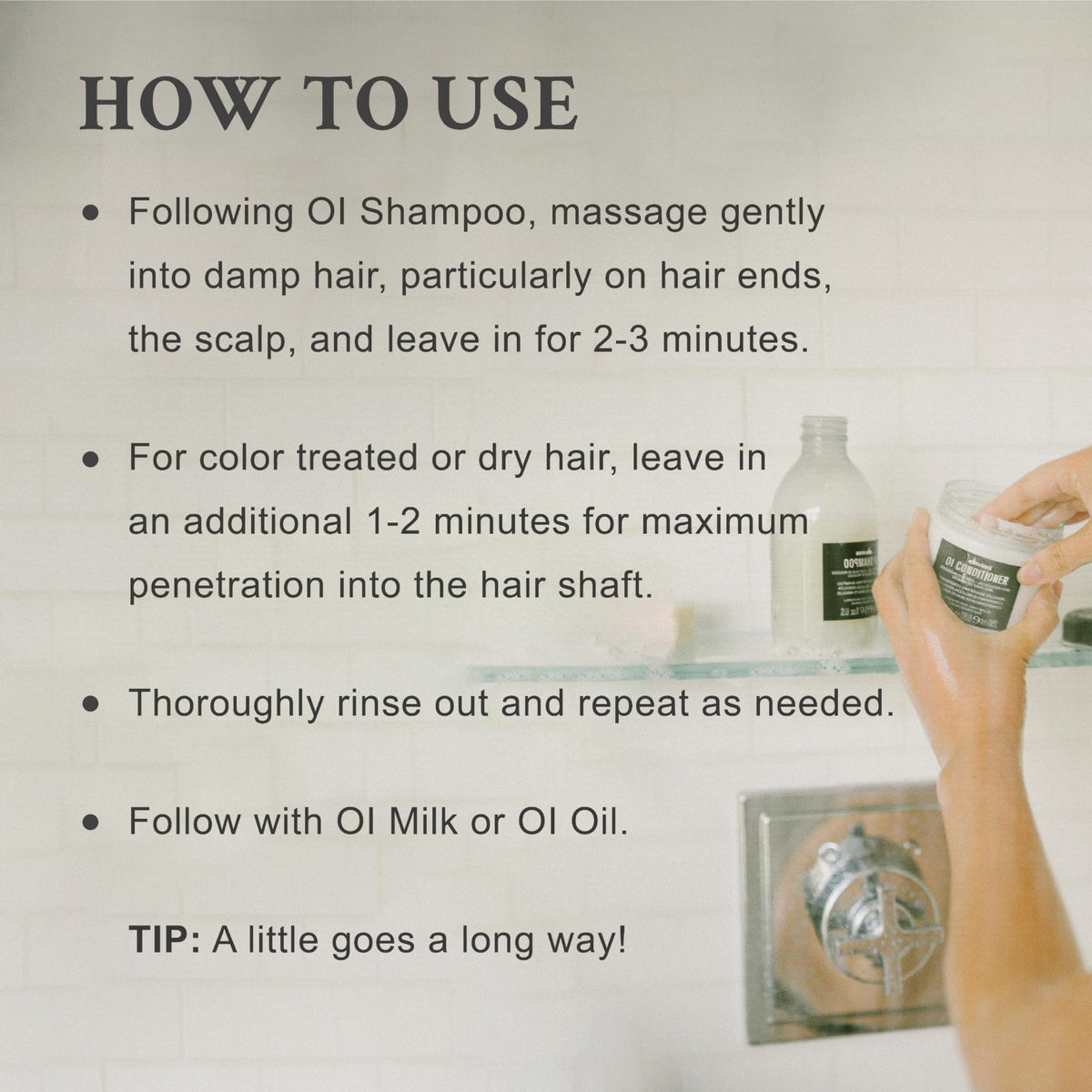 Davines OI conditioner pouring from bottle to show silky consistency