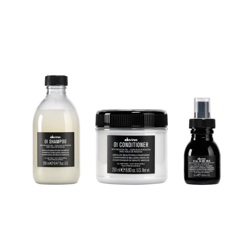 Davines OI gift set front packaging showing three products and benefit of complete routine