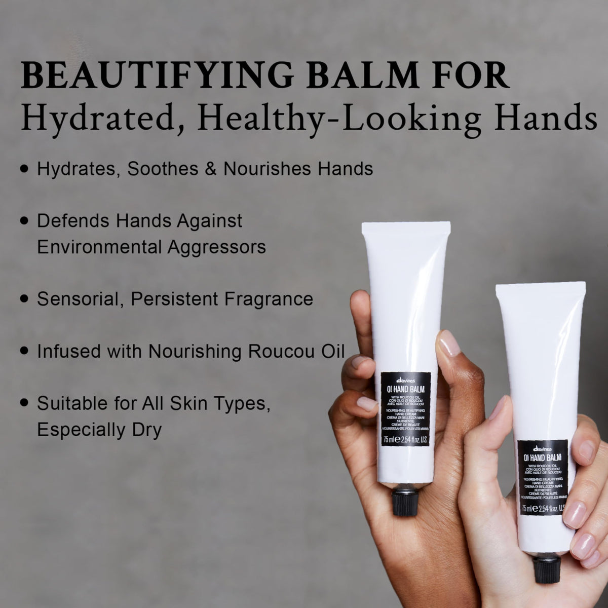 Applying Davines OI Hand Balm on hands to illustrate quick absorption and comfort