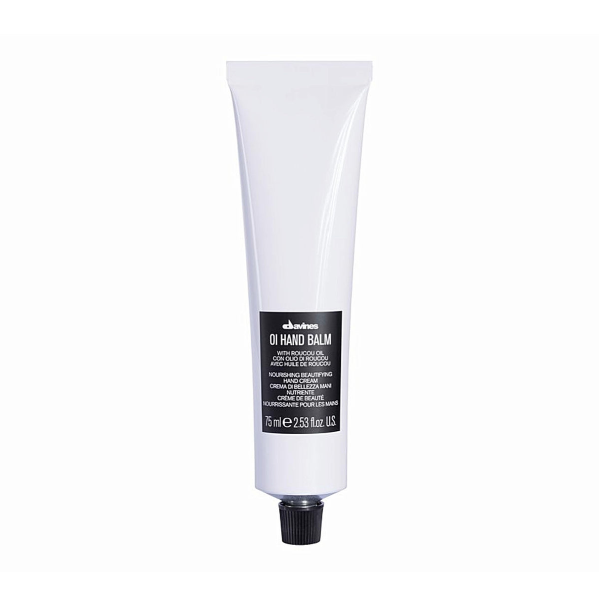 Davines OI Hand Balm tube front view showing branding and compact design benefits