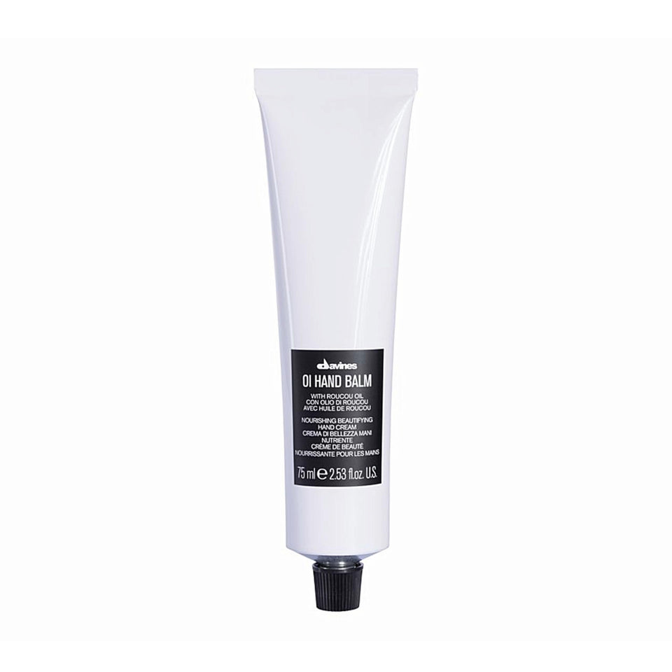 Davines OI Hand Balm tube front view showing branding and compact design benefits
