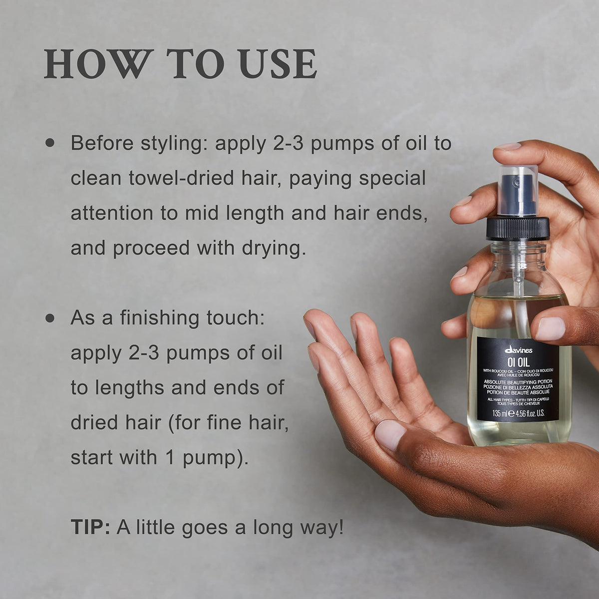 Davines OI Oil applied to hair ends to detangle and add shine instantly