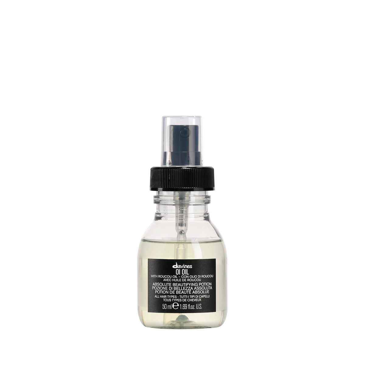 Davines OI Oil front bottle showing travel-size packaging and brand benefit