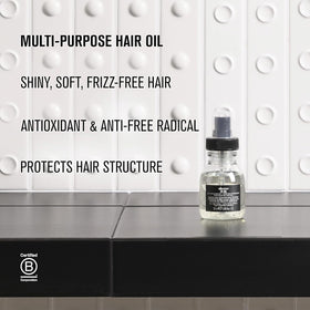 Davines OI Oil inside a toiletry bag demonstrating travel-friendly convenience