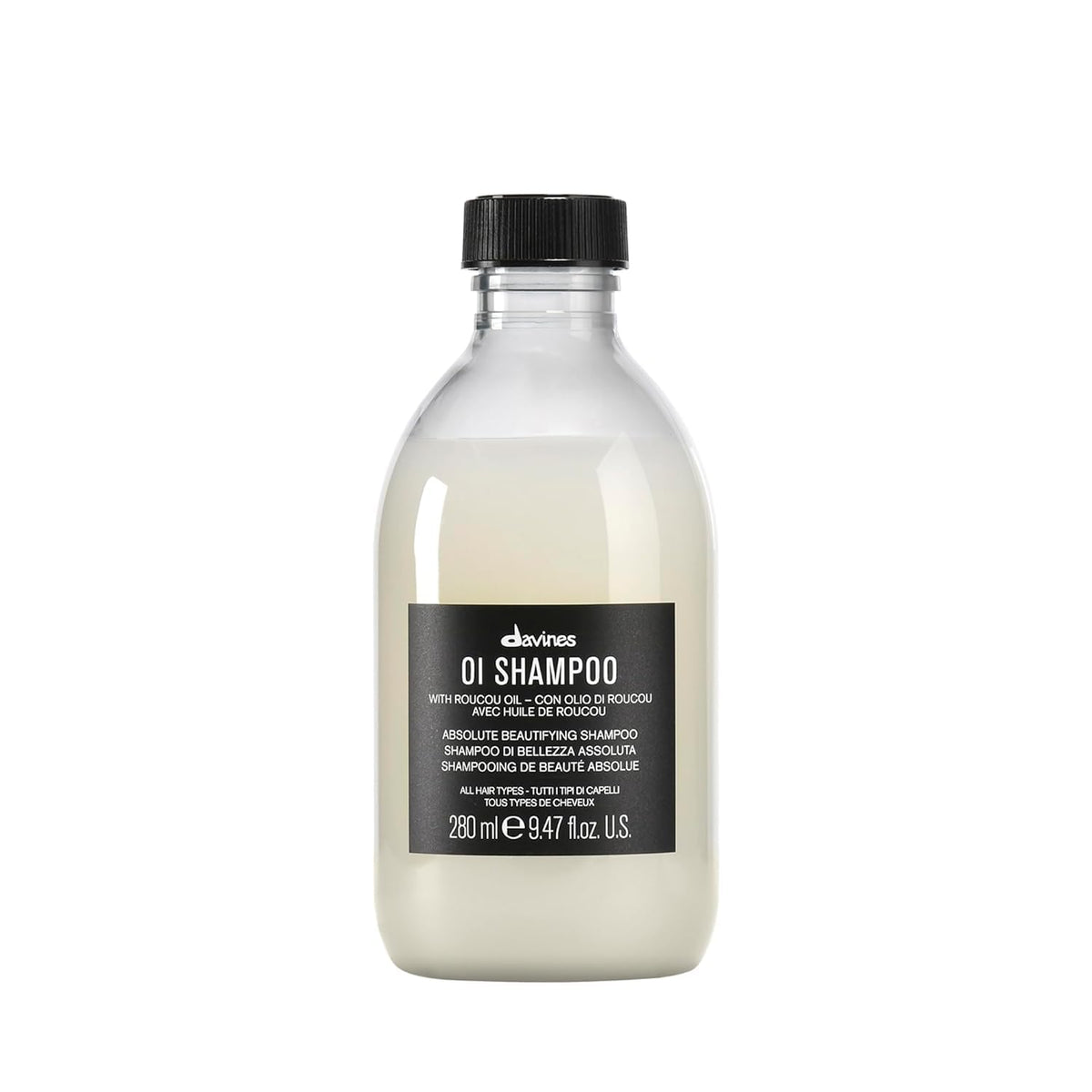 Davines OI Shampoo front bottle showing branding and packaging benefits