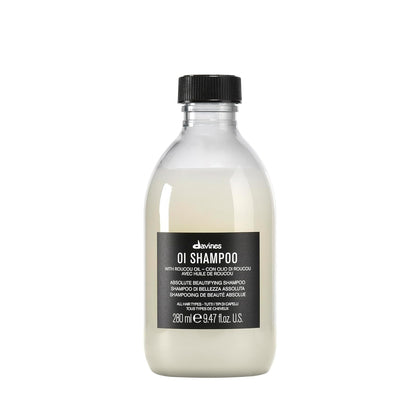 Davines OI Shampoo front bottle showing branding and packaging benefits