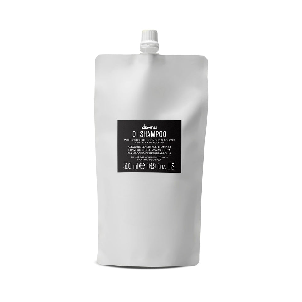 Davines OI Shampoo front packaging shows refill bottle and brand for economical use