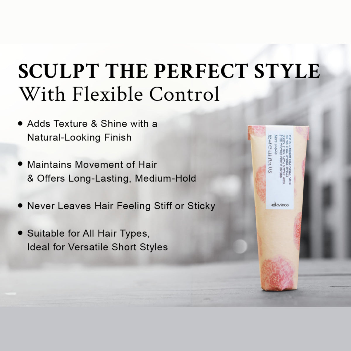 Davines paste size comparison next to ruler indicating travel-friendly benefit