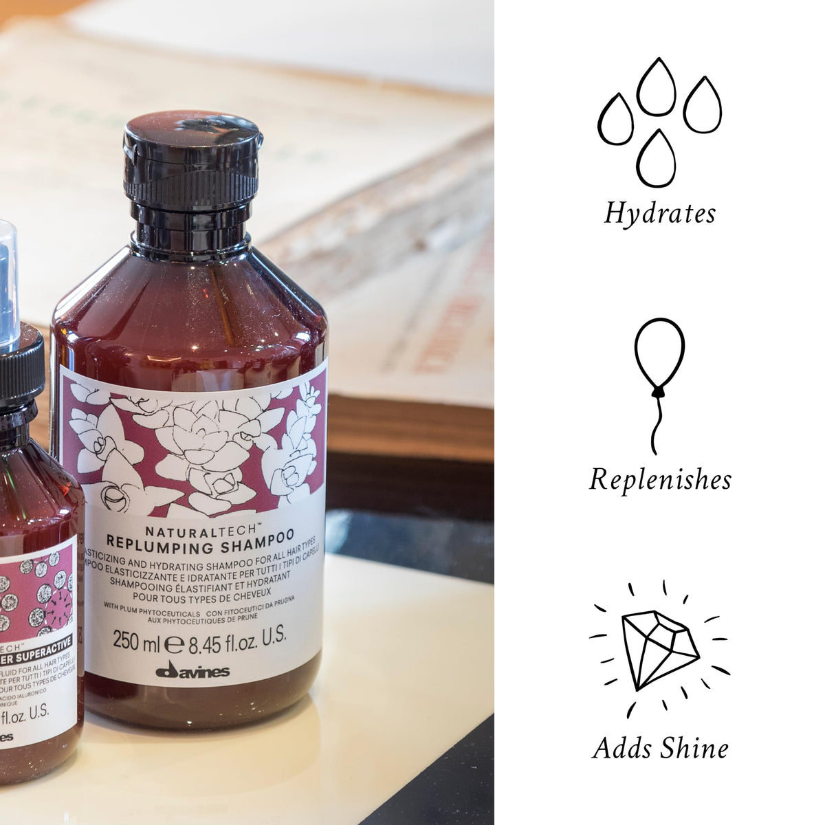 Davines replumping shampoo creamy lather texture illustrating rich moisture
