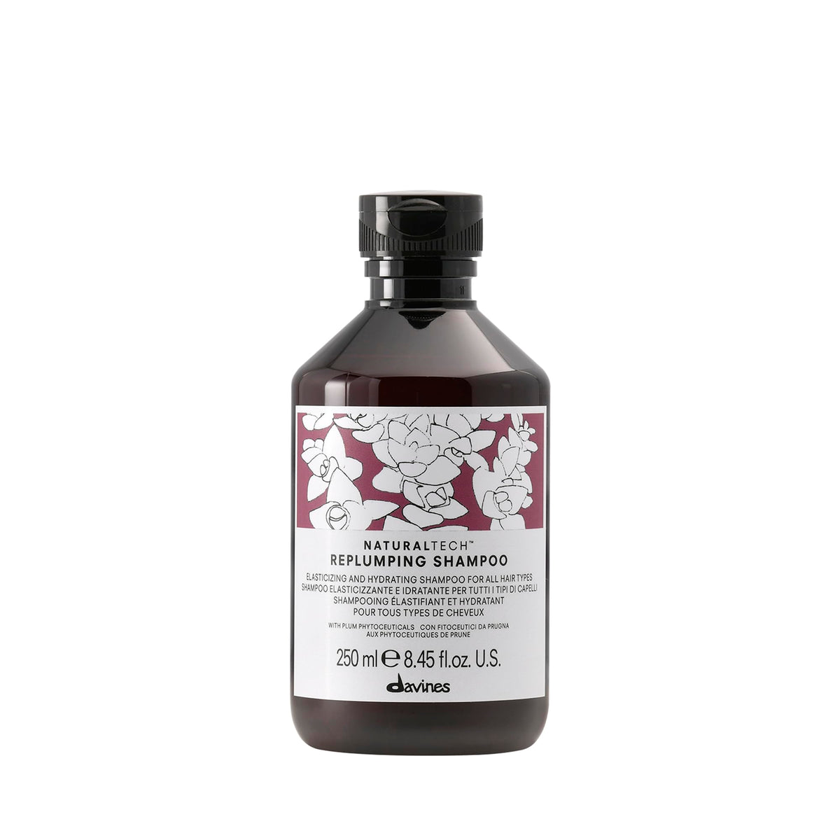 Davines replumping shampoo front bottle showing sleek packaging and brand quality