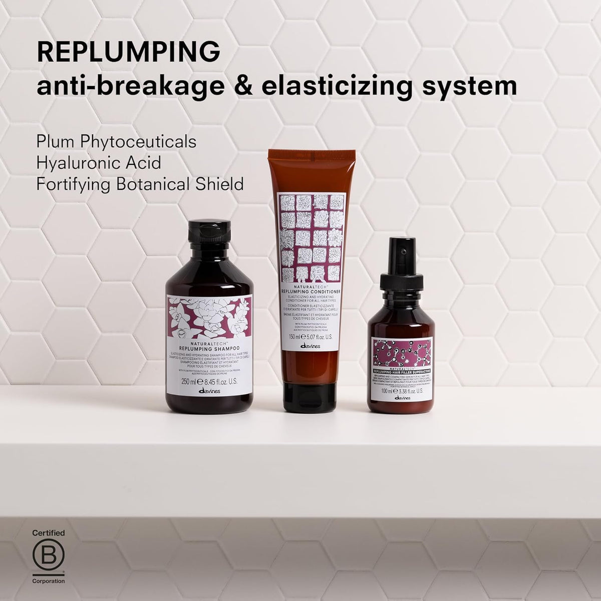 Davines replumping shampoo in shower use demonstrating gentle cleansing action