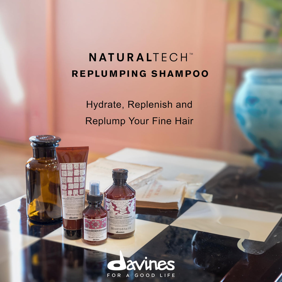 Davines replumping shampoo pump and cap detail highlighting ease of use