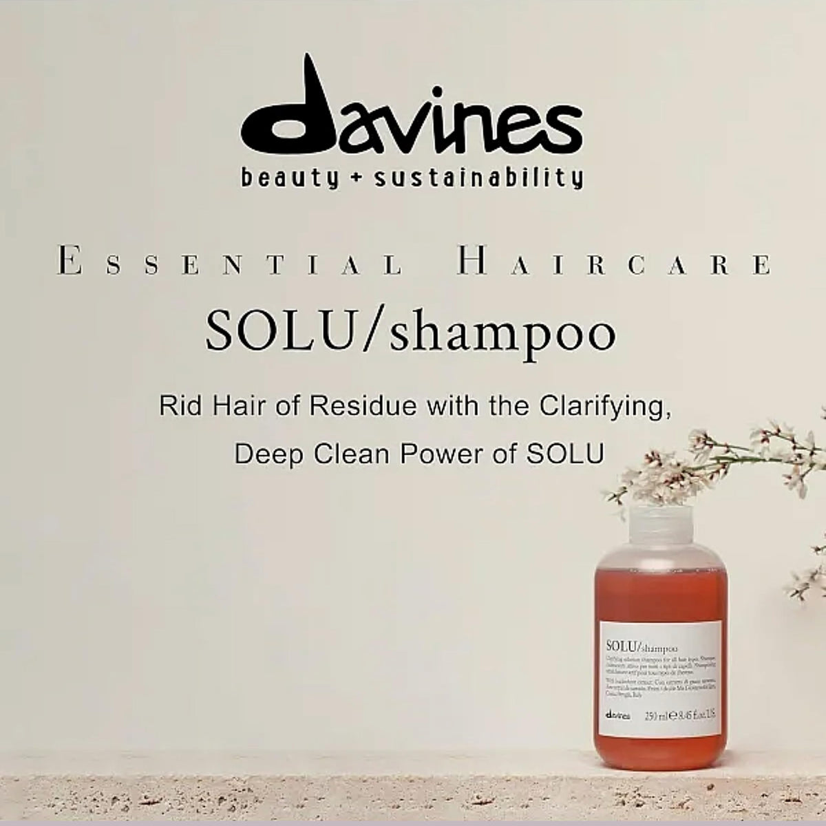 Davines SOLU label close-up showing ingredient cues and sustainable branding benefits