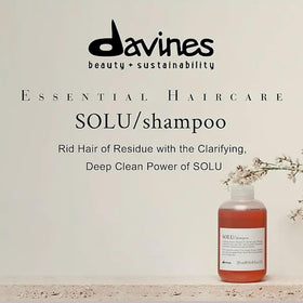 Davines SOLU label close-up showing ingredient cues and sustainable branding benefits