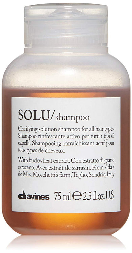 Davines SOLU front bottle showing travel-size convenience and clarity