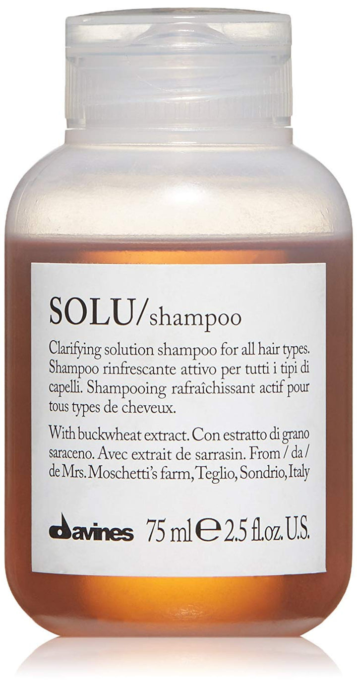 Davines SOLU front bottle showing travel-size convenience and clarity