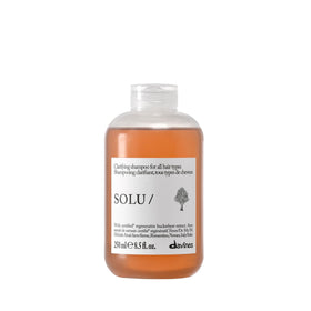 Davines SOLU front packaging showing clear bottle and label for easy identification