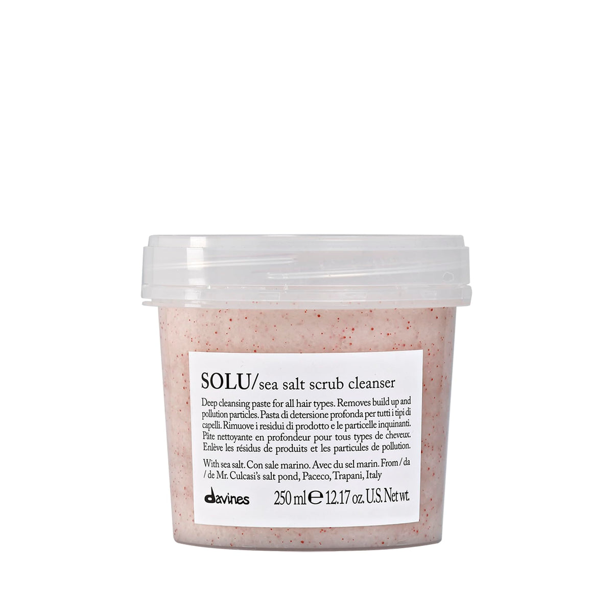 Davines SOLU front packaging showing product and size benefits
