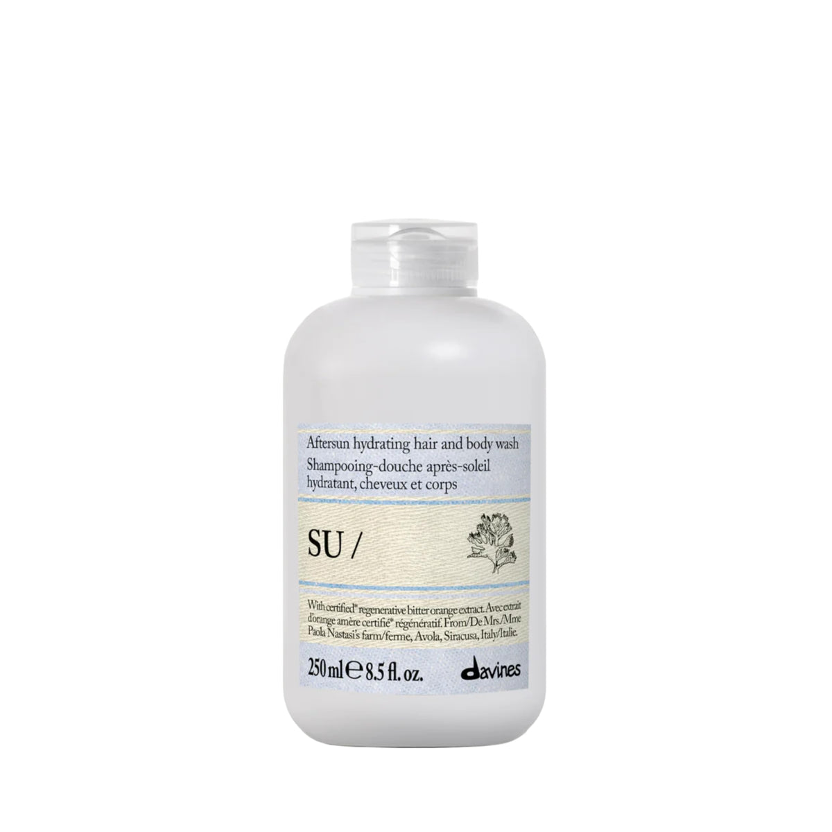 Davines SU/Aftersun front packaging showing product benefits and size