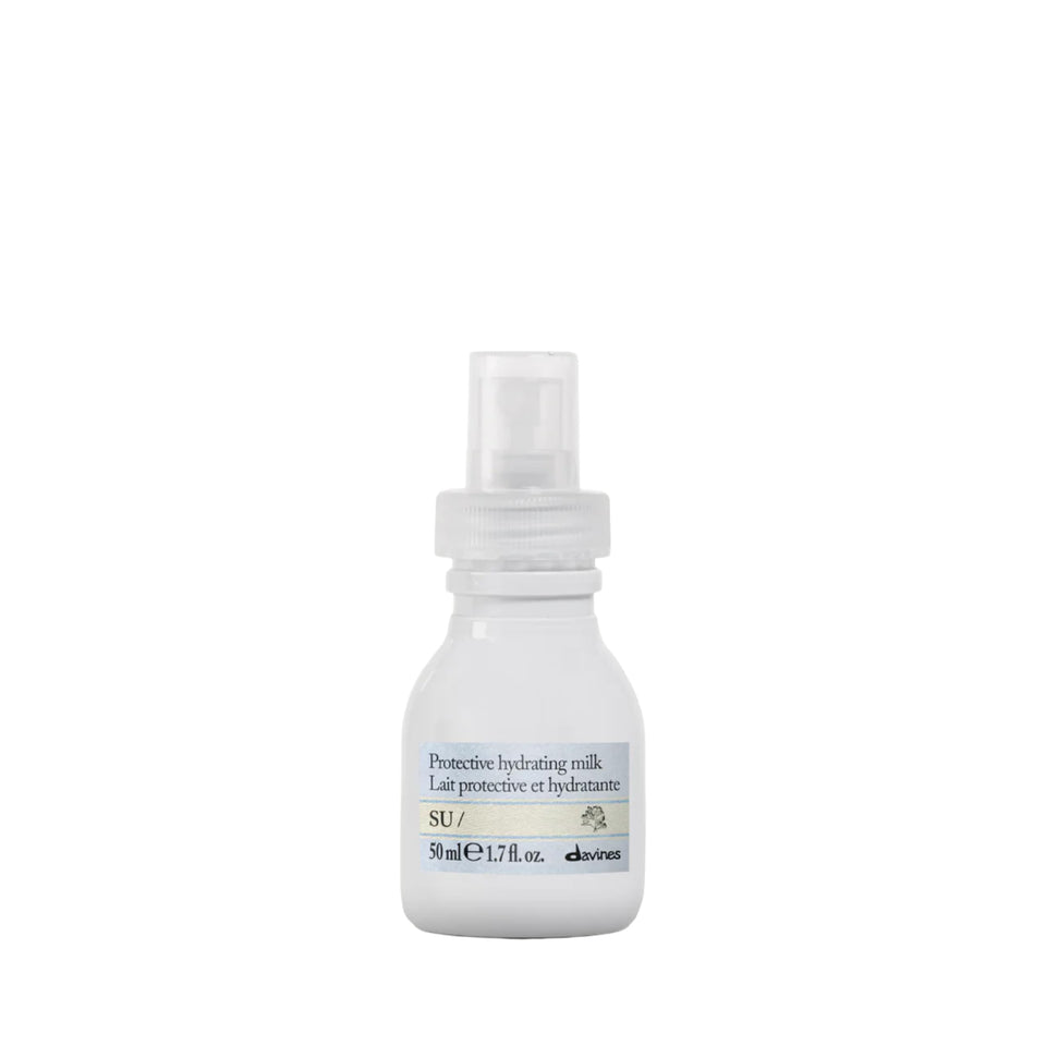 Davines SU/ Leave-In Hair Milk front packaging shows travel-friendly bottle and benefits