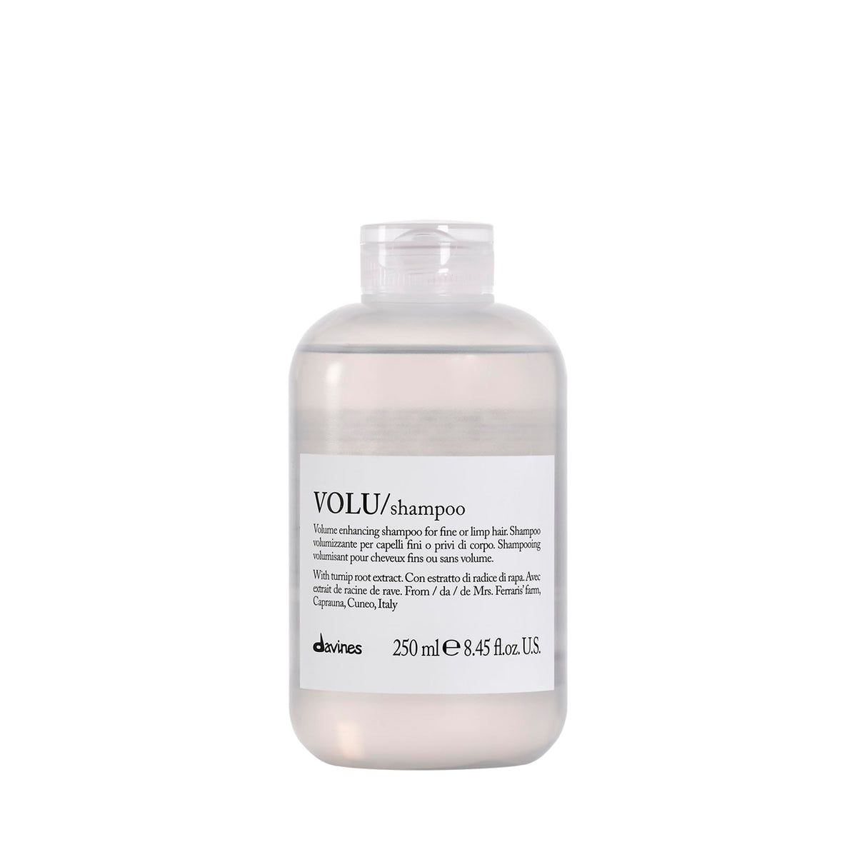 Davines VOLU front bottle showing clean design and size benefit