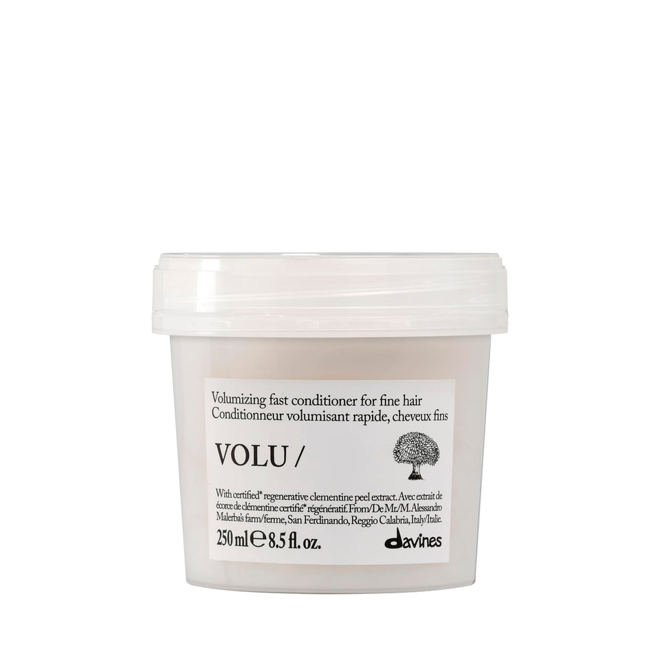 Davines VOLU/ front packaging showing bottle and cap, highlights volumizing benefit