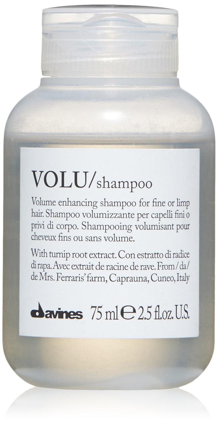 Davines VOLU front packaging shows travel-size bottle and benefits