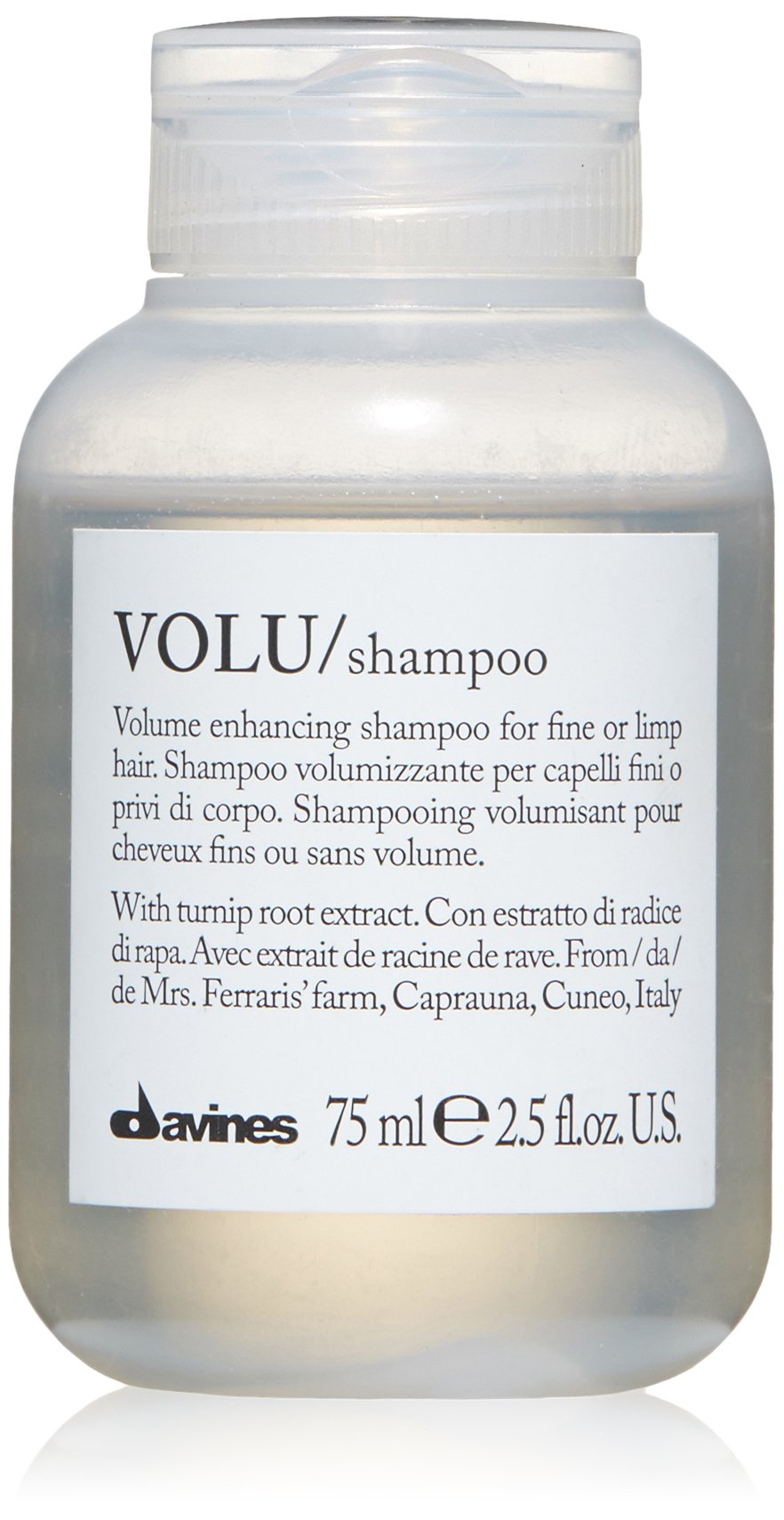 Davines VOLU front packaging shows travel-size bottle and benefits