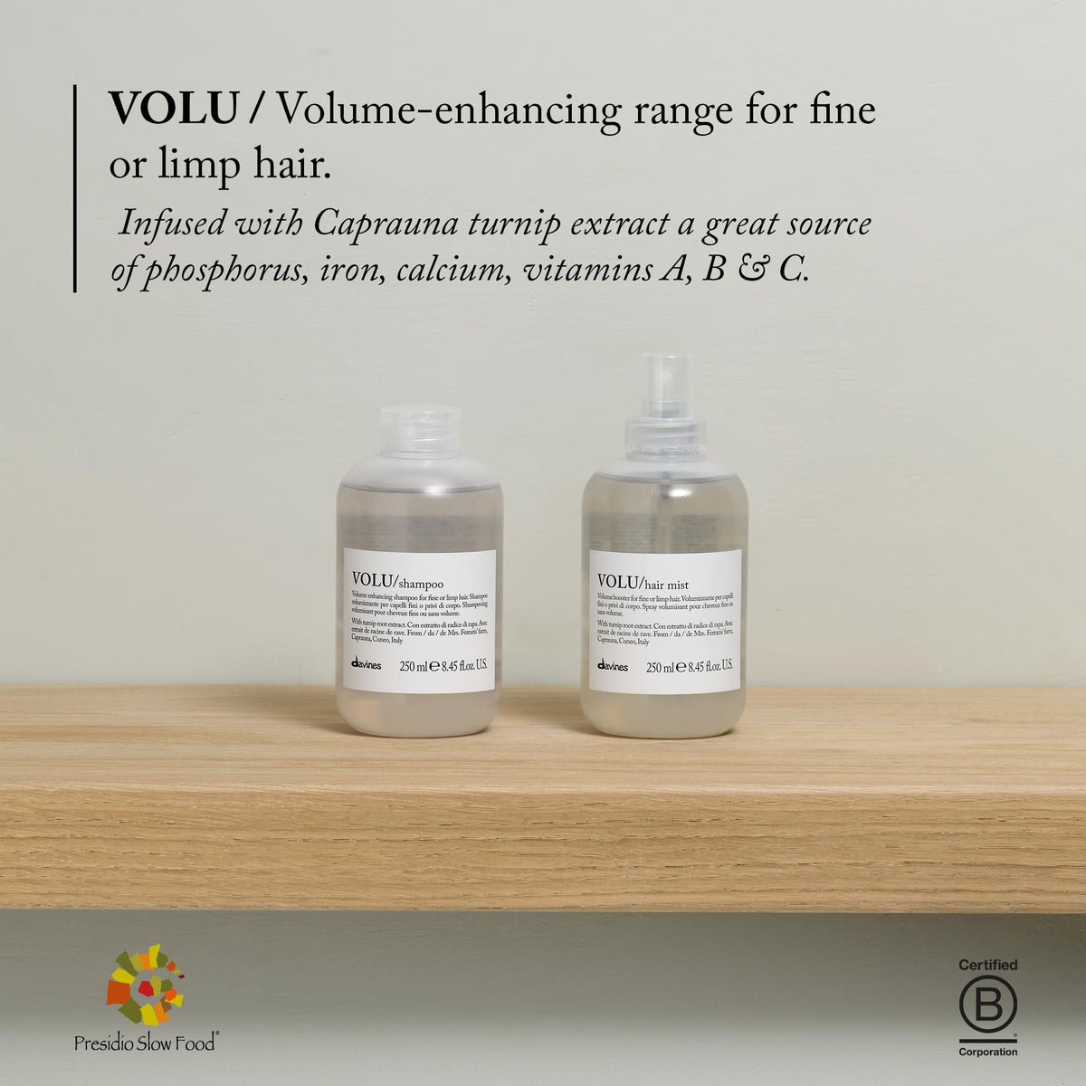 Davines VOLU label with ingredient highlights and Turnip Extract