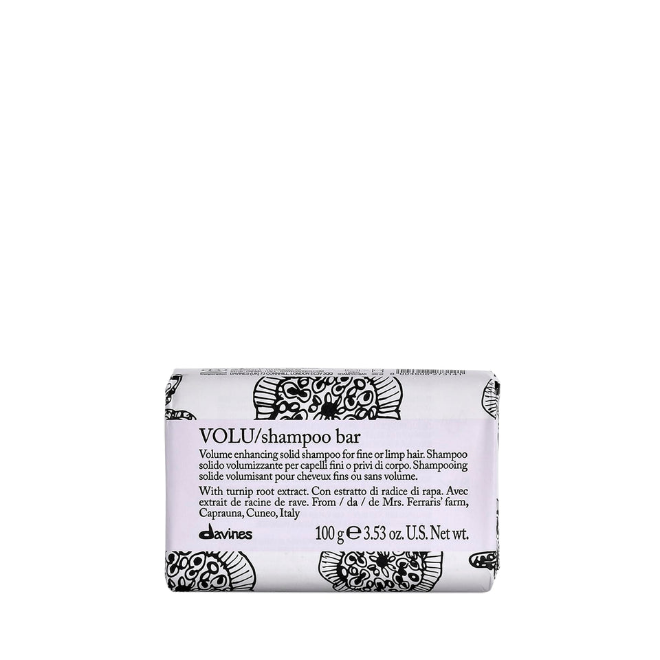 Davines VOLU shampoo bar front packaging showing recyclable paper and brand