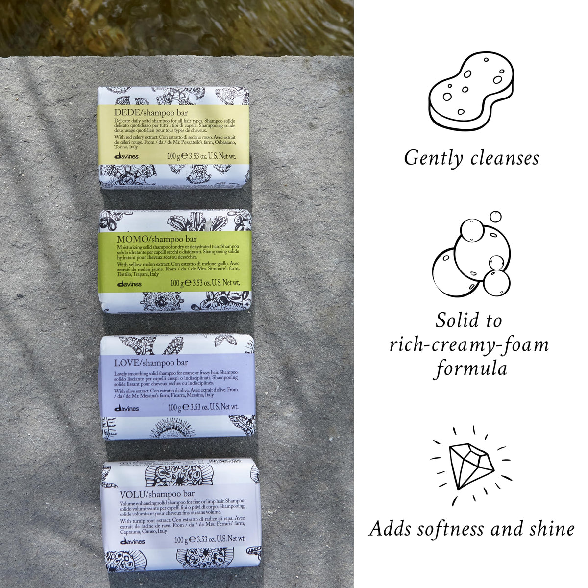 Davines VOLU shampoo bar held in hand showing compact size and travel convenience