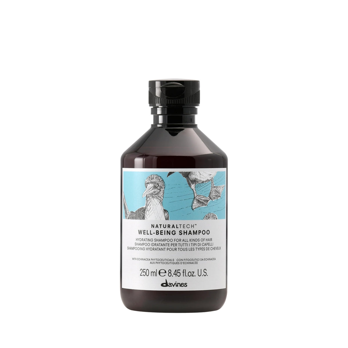 Davines bottle front view showing wellbeing shampoo for gentle daily care