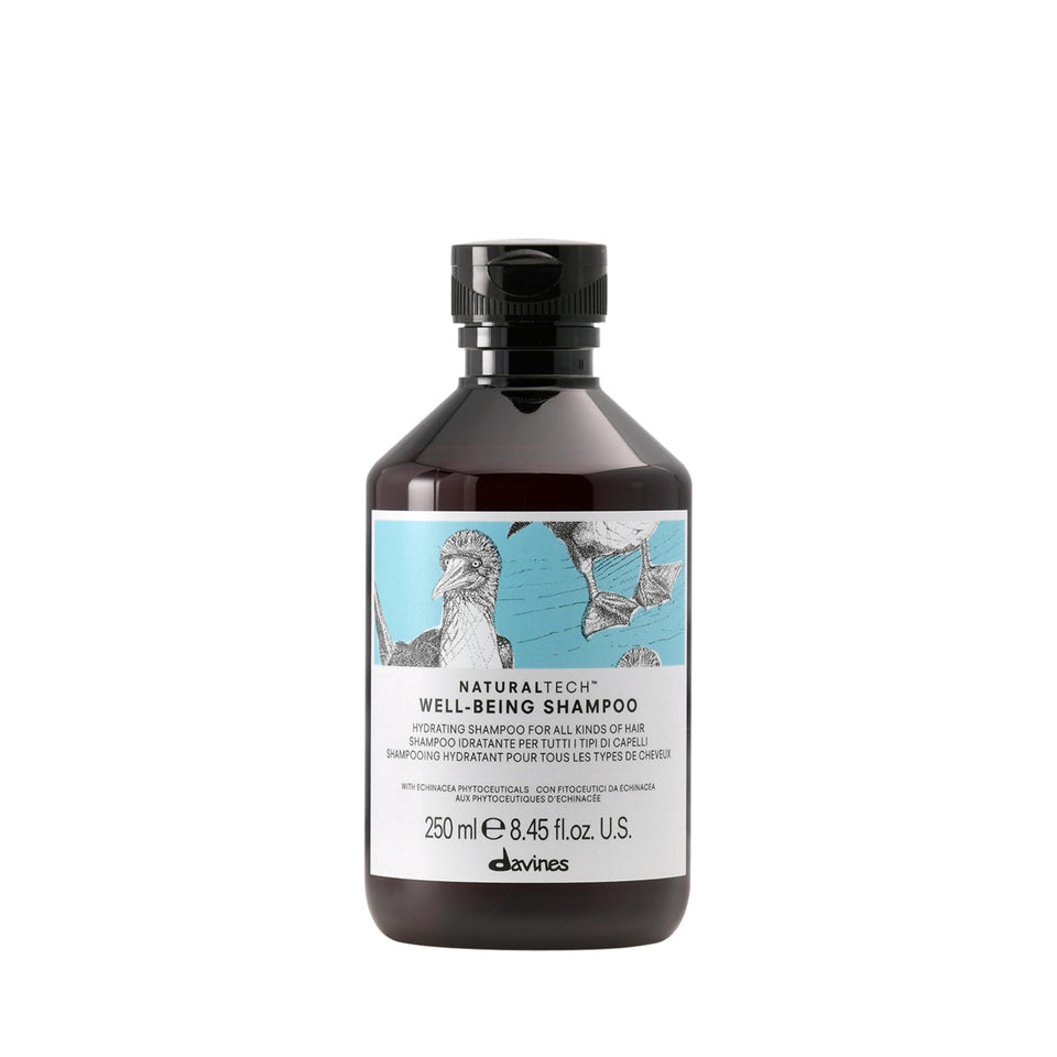 Davines bottle front view showing wellbeing shampoo for gentle daily care