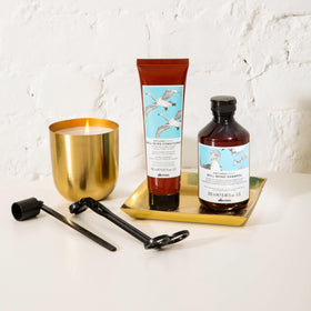 Davines bottle next to common items illustrating the 8.45 fl oz size