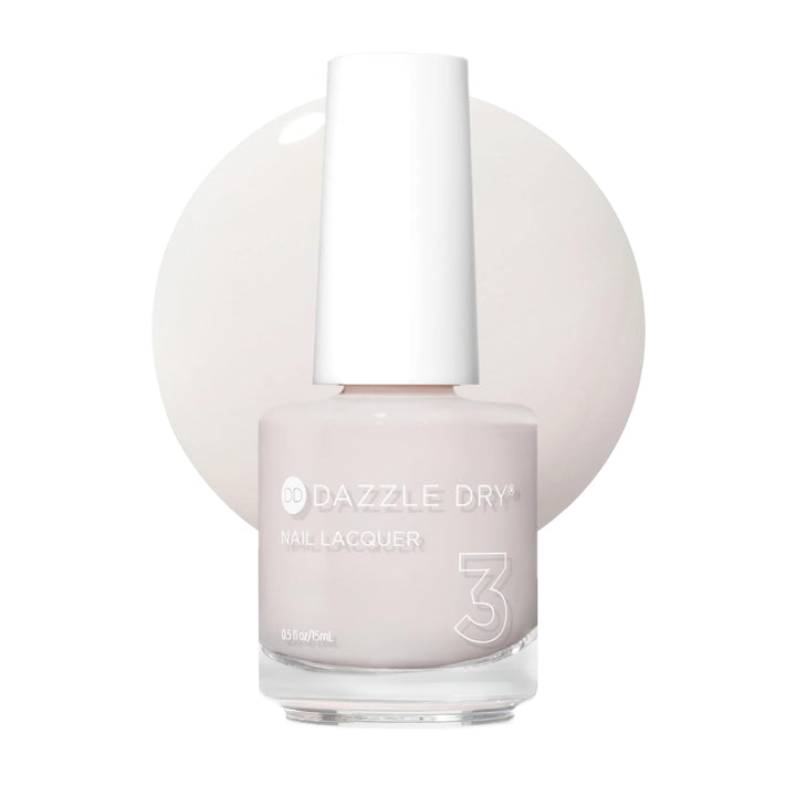 Dazzle Dry front bottle showing warm pale pink cream shade and label benefits