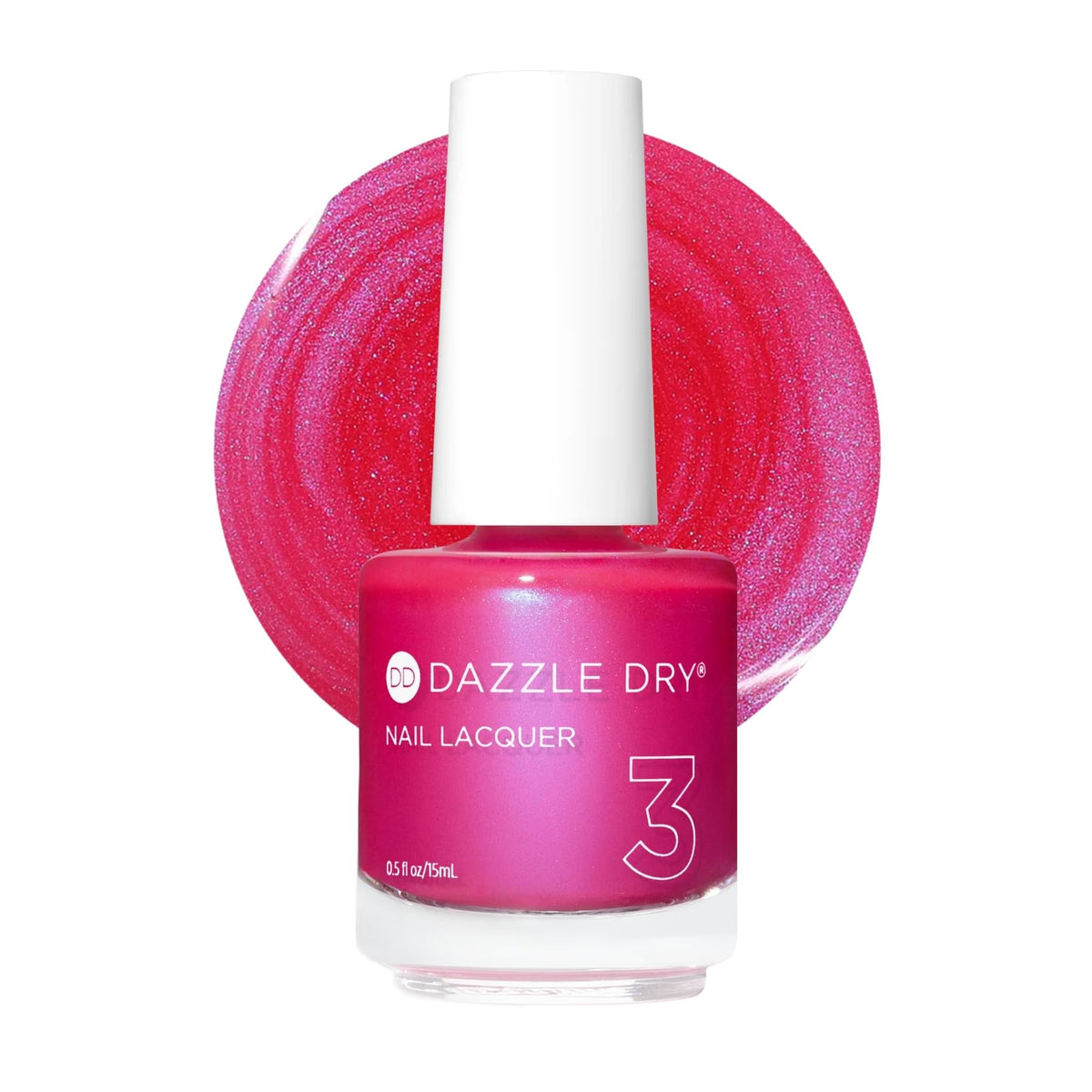 Dazzle Dry bottle front view showing bright pink shimmer and quick-dry benefit